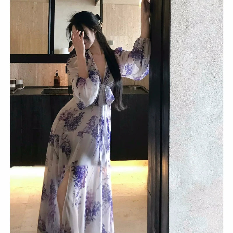 French Purple Floral Chiffon V-Neck Long-Sleeve Waist-Cinched Maxi Dress
