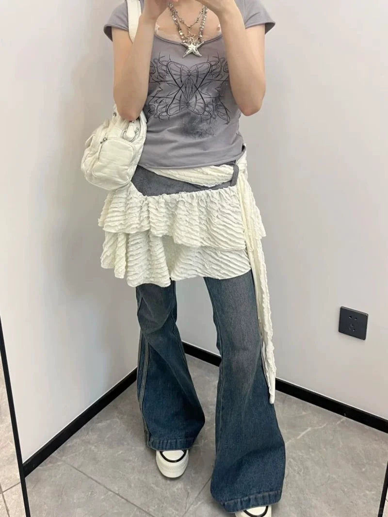 Gray Subculture Y2K E-girl Retro Lace Square-Neck Print Niche Slim-Fit Top