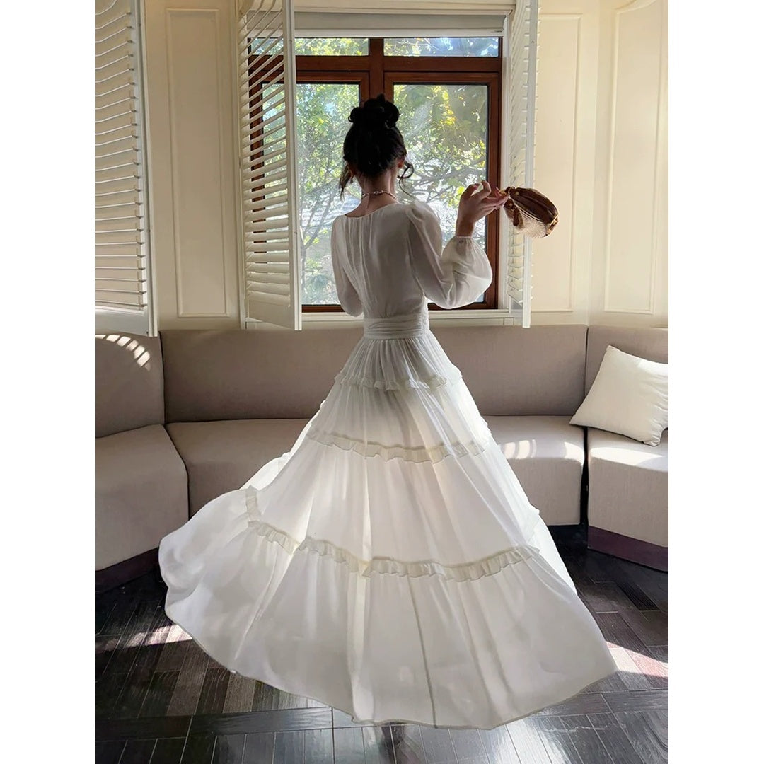 French Chiffon V Neck Ruffle Bubble Sleeve Gown Dress