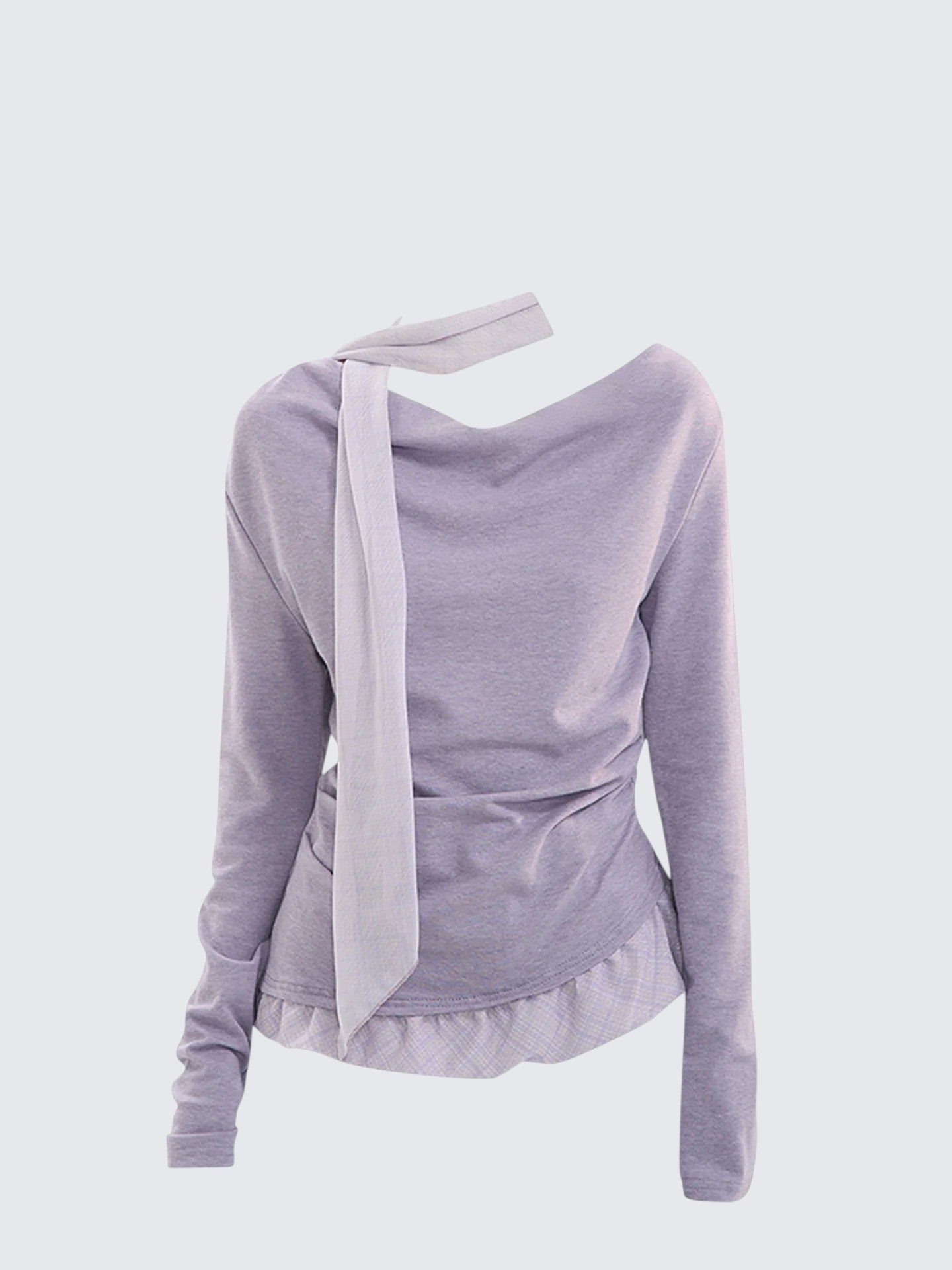 Korean Sweet Drape Neck Ribbon Long Sleeve Top