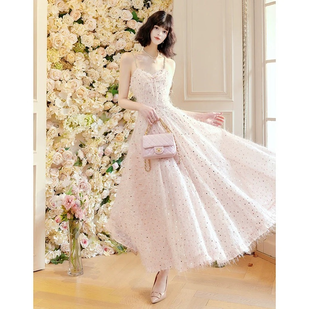 Pink Sequin Fringe Butterfly Gown Dress – French Luxury Party Dress
