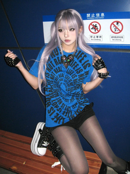 Y2K Subculture Blue Letter Print Fitted Tee  Structured Shoulder Short Sleeve Top