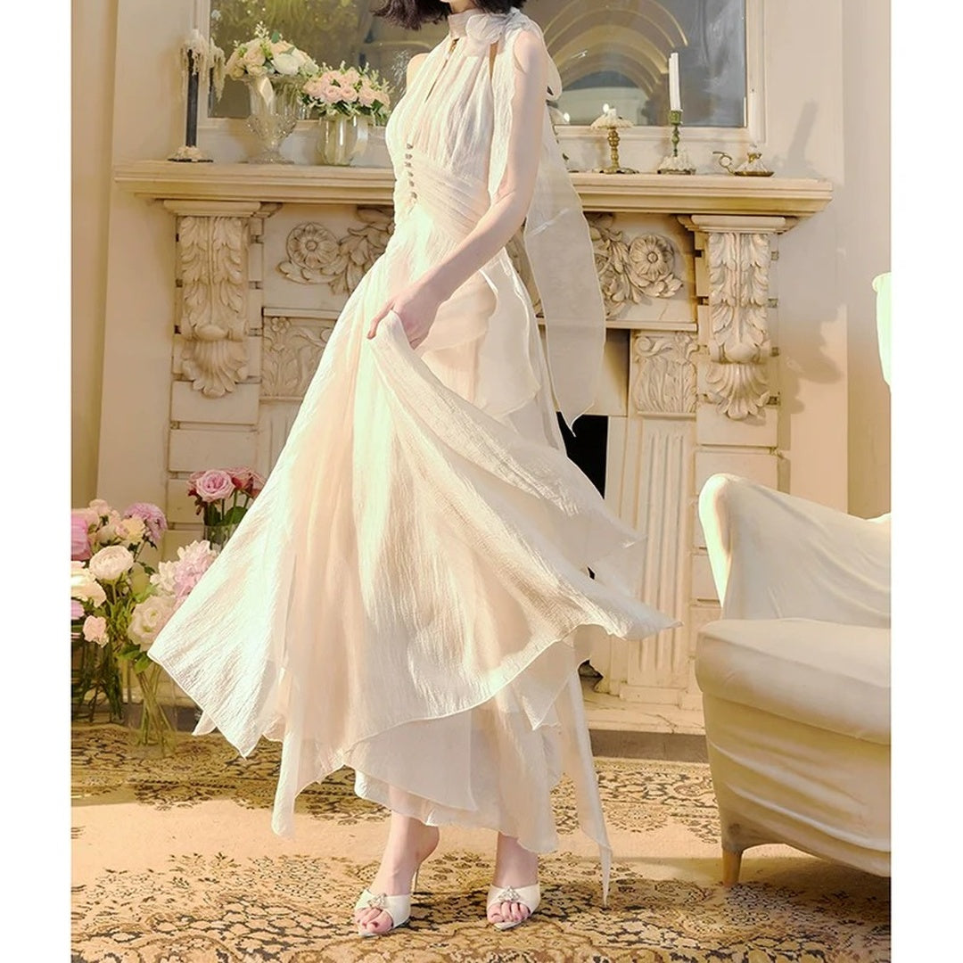 Milan Ruffle Halter Asymmetrical Beach Gown Dress