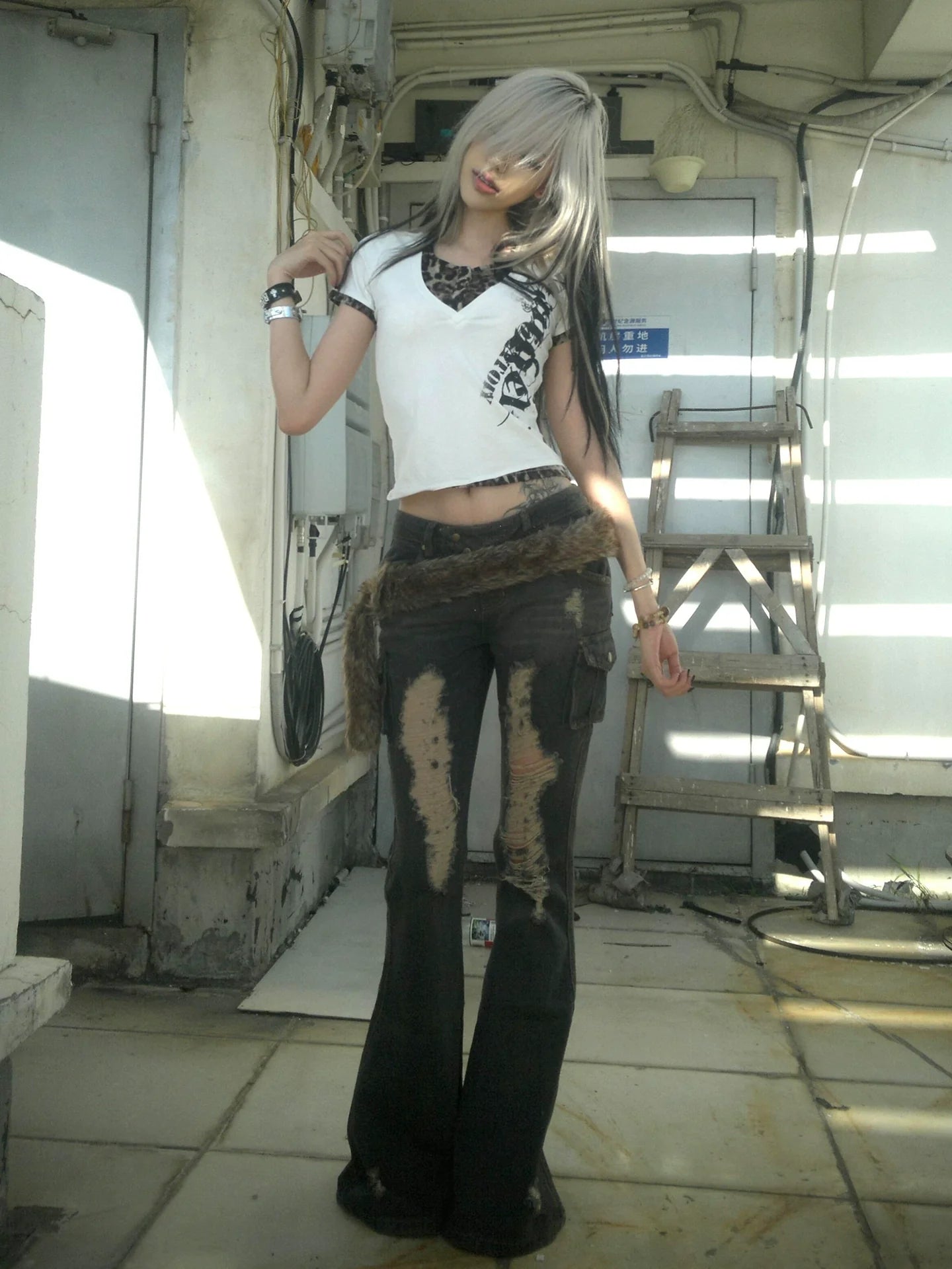 Y2K Leopard Patchwork V Neck Top Slim Fit Tee