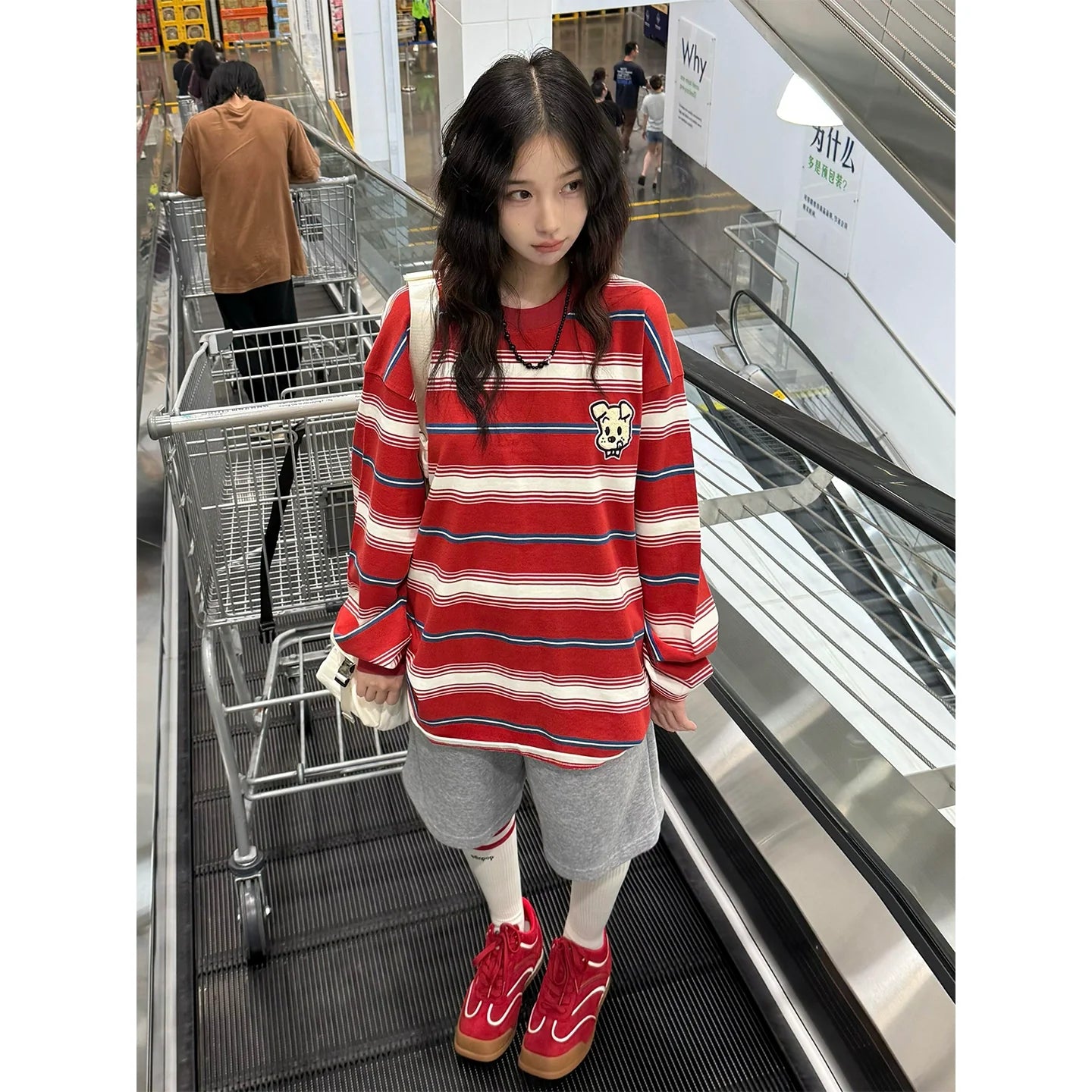 American Vintage Red Stripe Crewneck Sweatshirt Casual Loose Fit College Long Sleeve Top