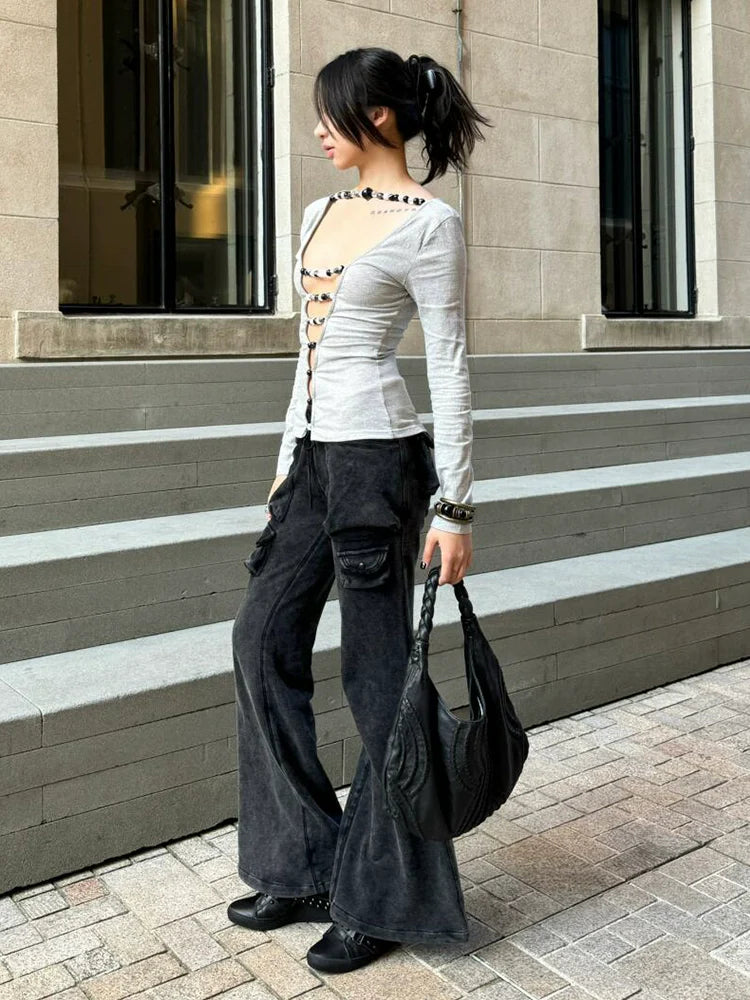 Zen Inspired Beaded Long Sleeve T Shirt Slim Fit Y2K Top