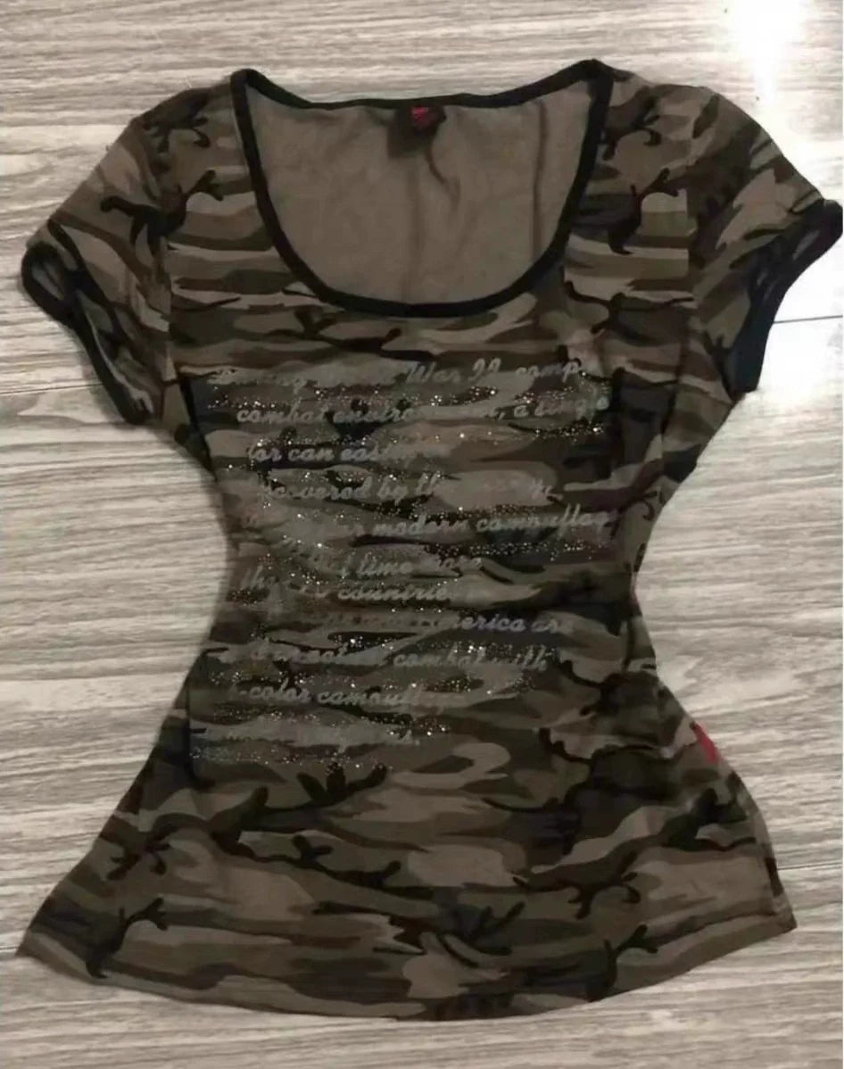 Camouflage Subculture Y2K E-girl Abi Vintage Rhinestone Letter Print Slim Light Subculture Short Sleeve Top
