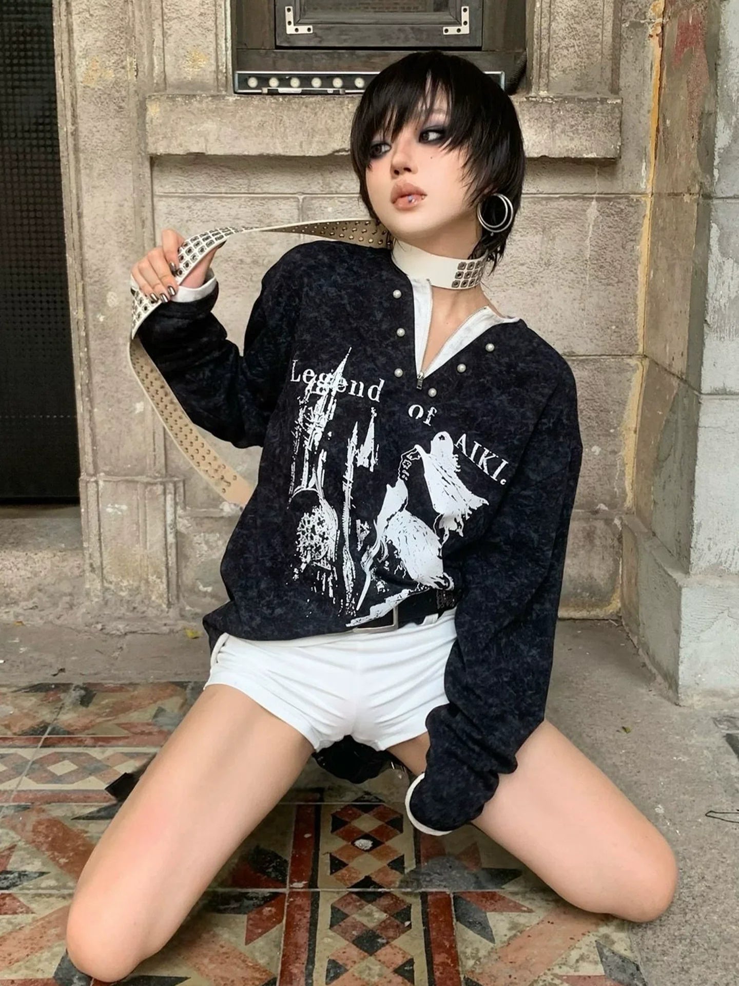 Y2K Fake Two Piece Pearl V Neck Hoodie