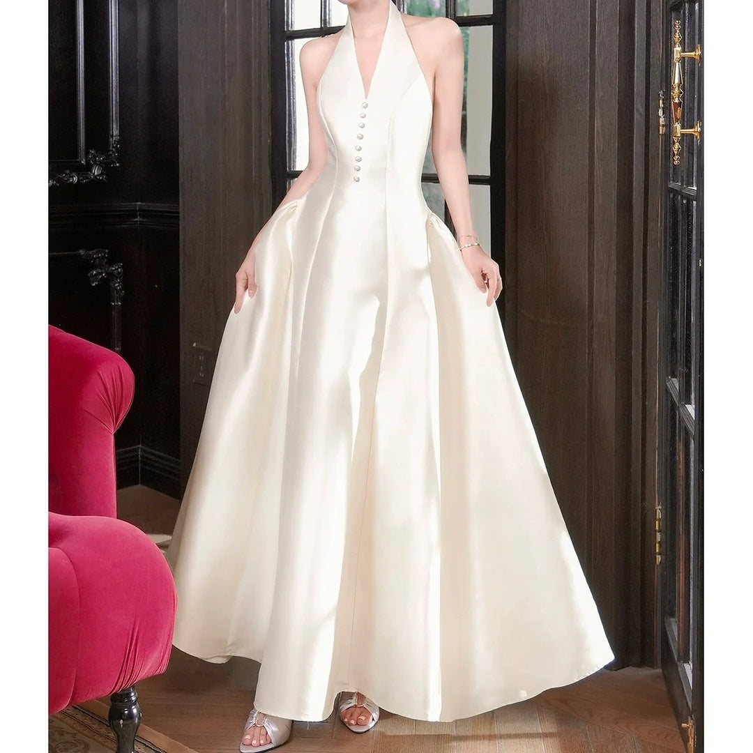French Satin Halter Neck Waist Gown Dress