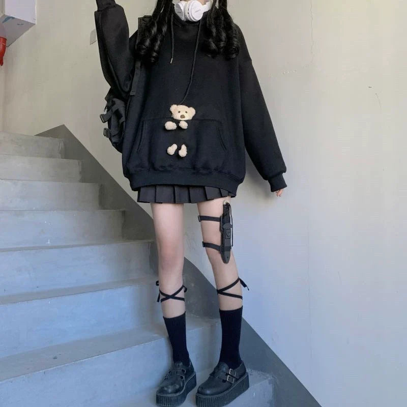 Black Y2K Japanese Anime Cute Bear Hoodie