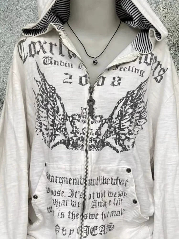 White Gray Y2K Punk Gothic Vintage Print Hoodie