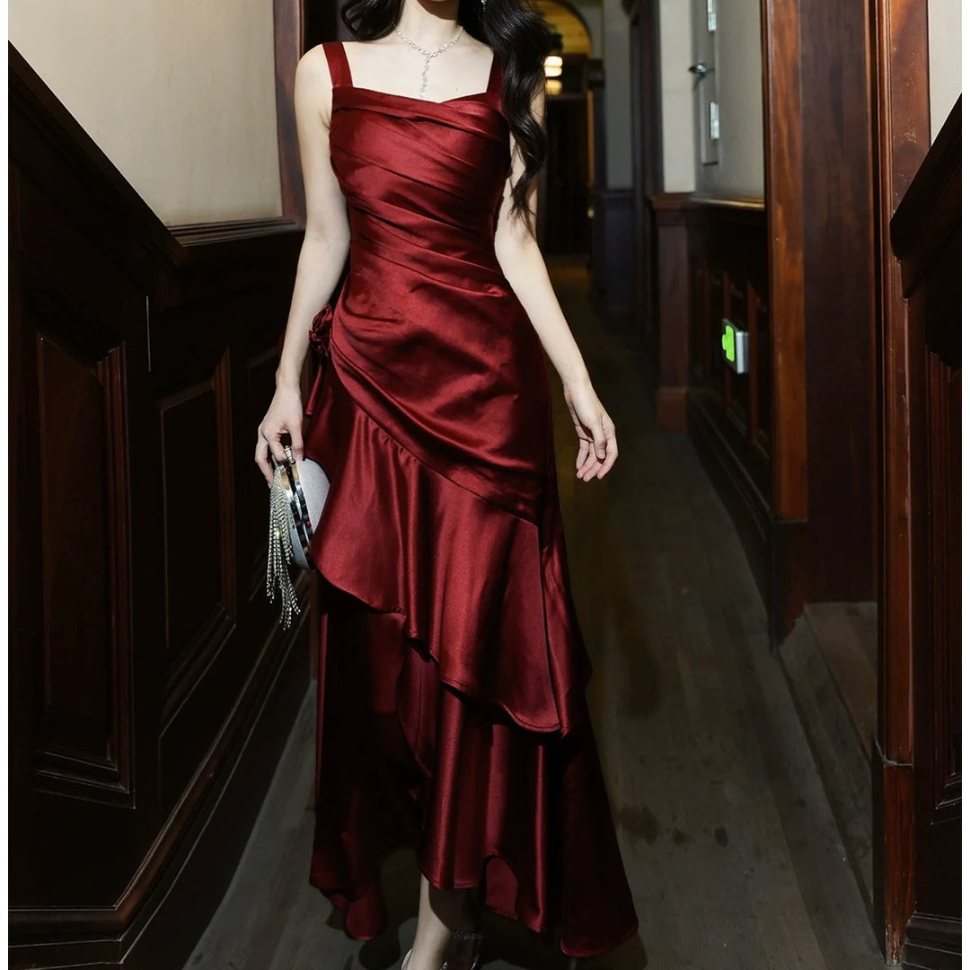 French Satin Red Ruffle Birthday Gown Dress