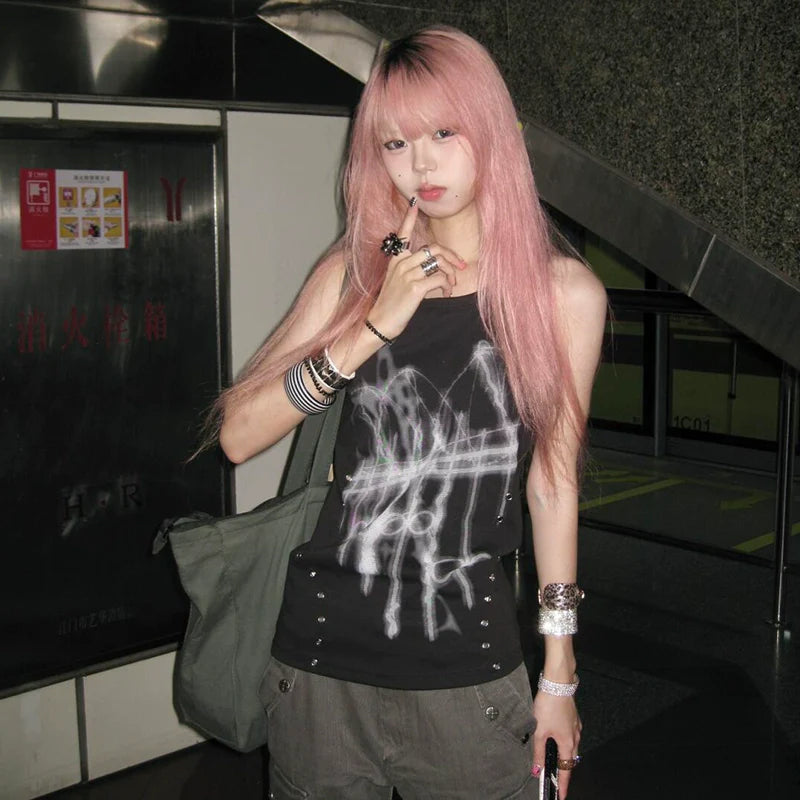 Y2K Subculture Black Tank Top Punk Fitted Sleeveless Visual Kei Style
