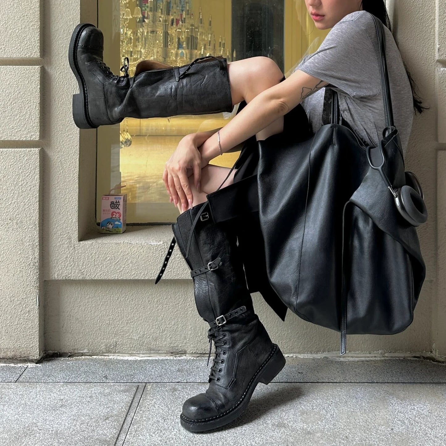 Genuine Leather Lace Up Platform Chunky Heel Knee High Biker Women's Boots