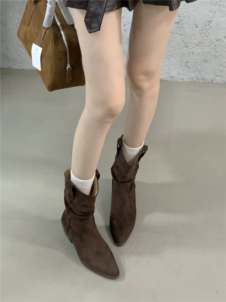 Pointed Toe Fashion Short Boots Women Fall Winter New Slouchy Chunky Heel Elevated Mid Calf Suede Western Boots