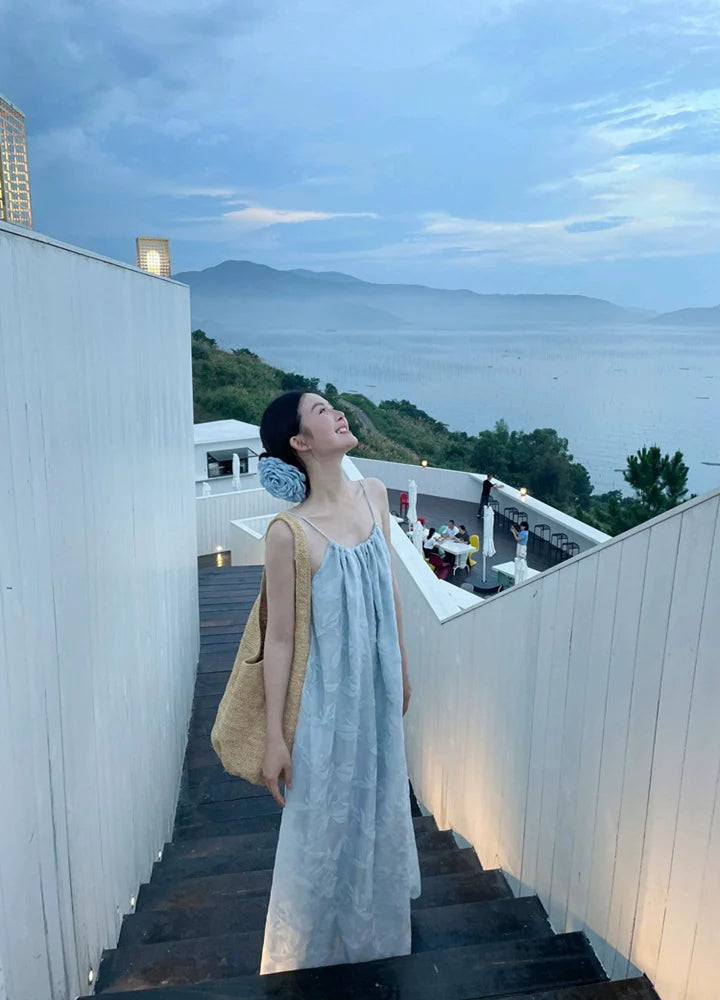 Pleated Tencel Backless Spaghetti-Strap Beach Dress