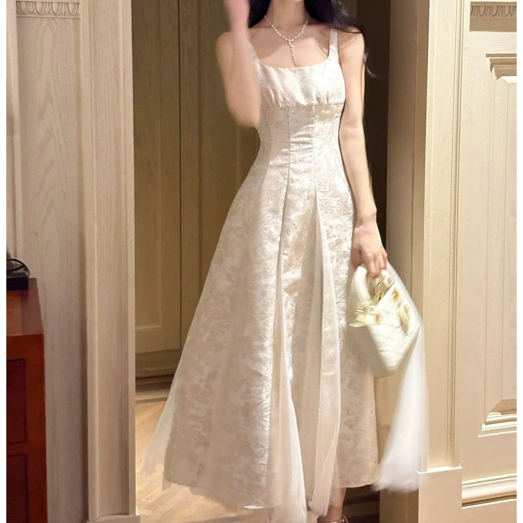 Floral Jacquard Mesh Tank Gown Prom Dress