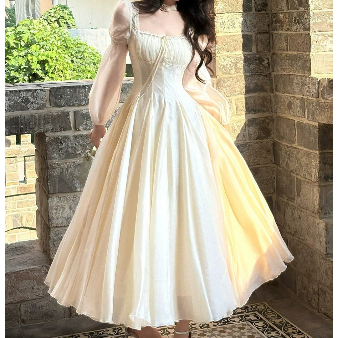 French Vintage Bubble Sleeve Square Neck Gown Dress