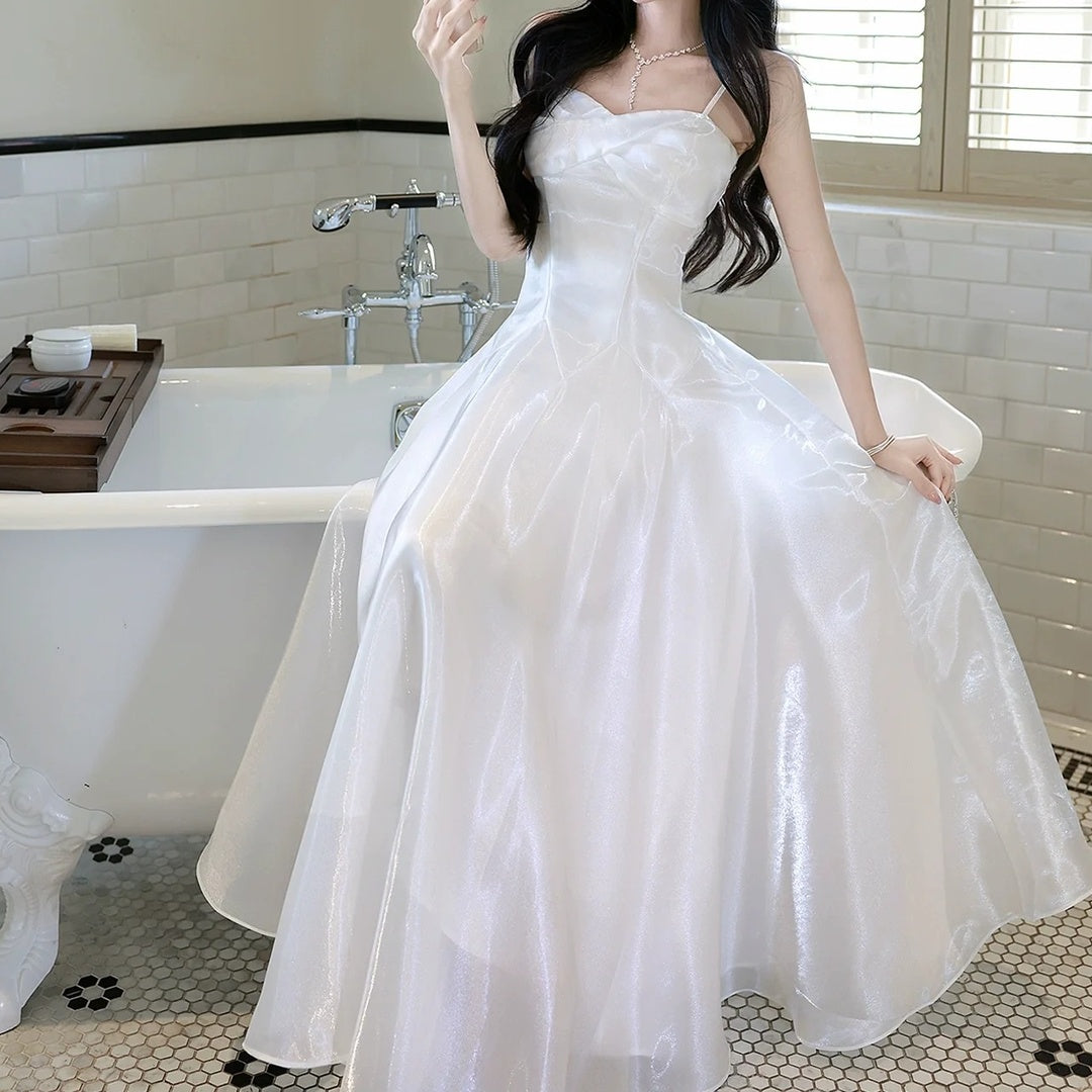 French White Satin Spaghetti Strap Gown Dress