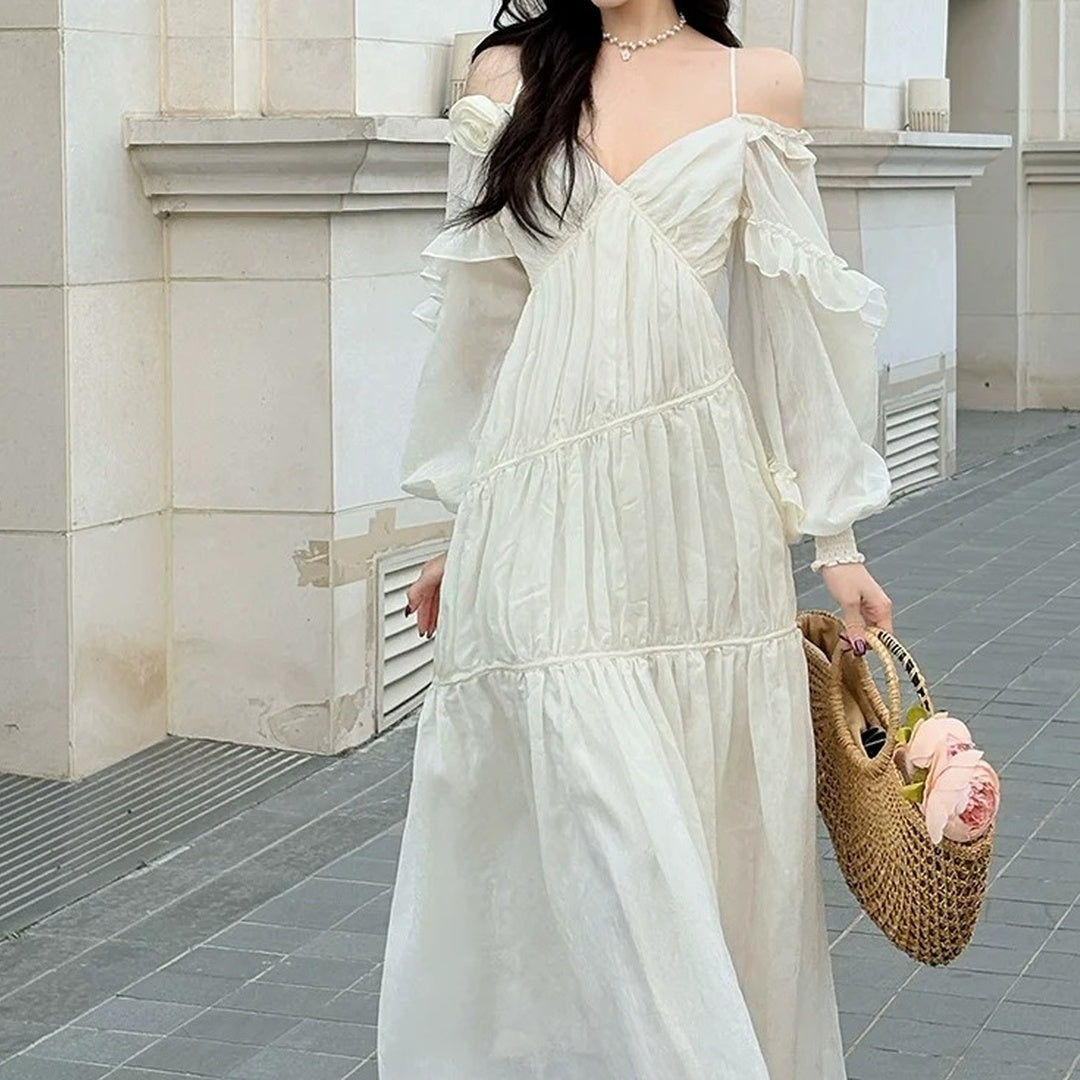 French V Neck Spaghetti Strap Bubble Sleeve White Gown Dress