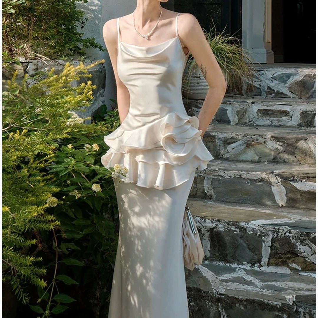 French Floral Satin Spaghetti Gown Dress – High-End Party Dress