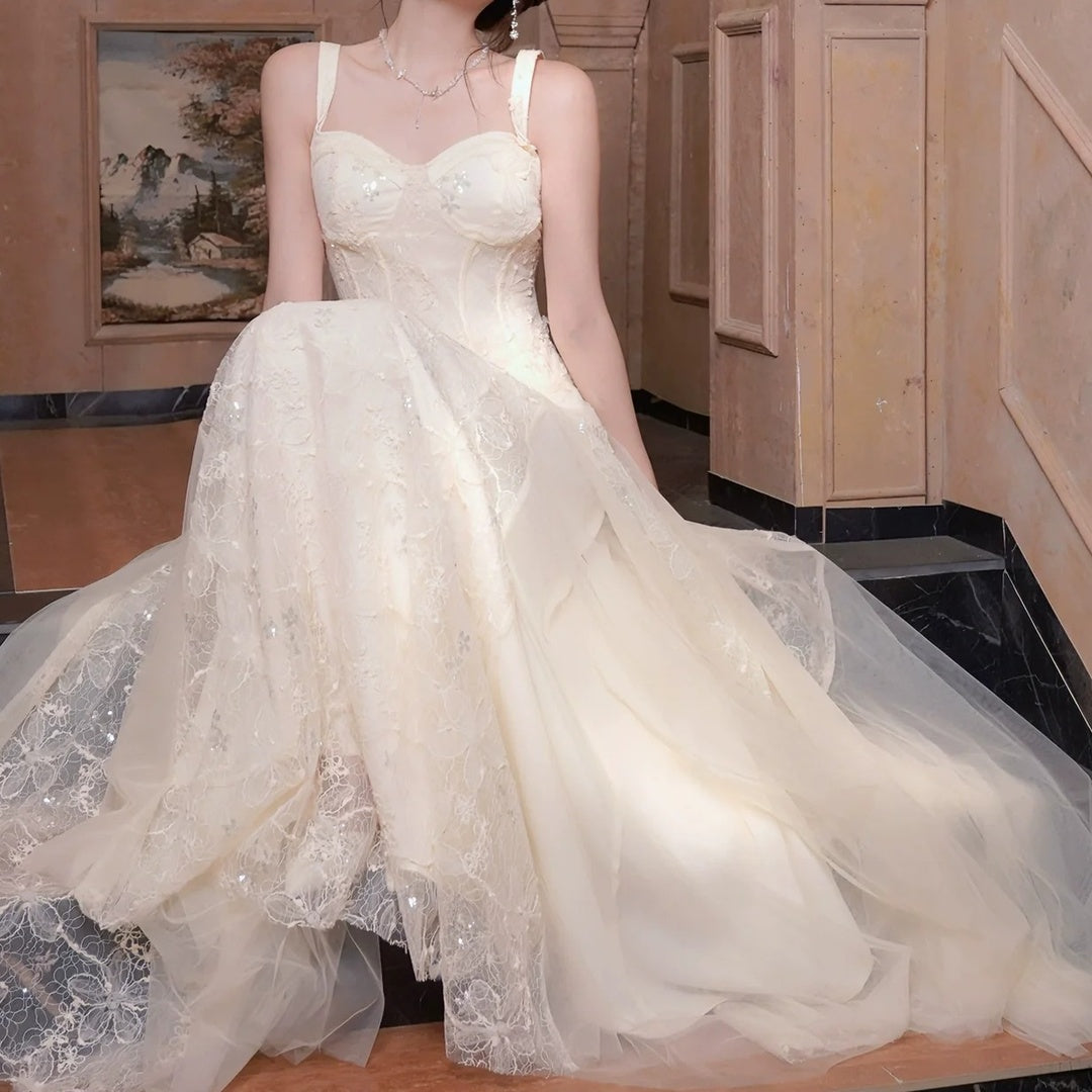 French Lace Mesh Spaghetti Gown Dress