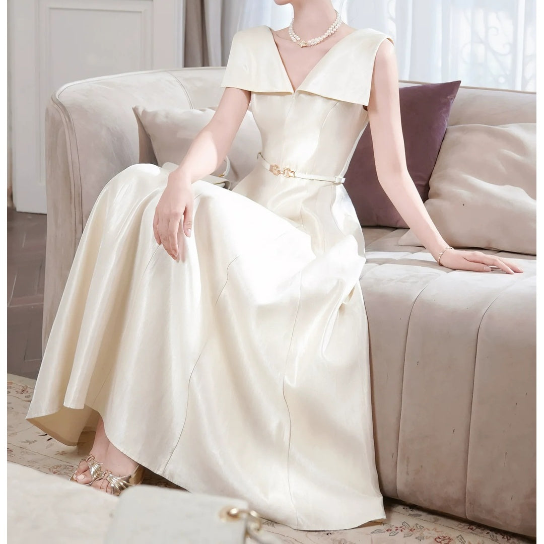 French Satin Sleeveless V-Neck Waist Gown Dress – Luxury Evening Dress