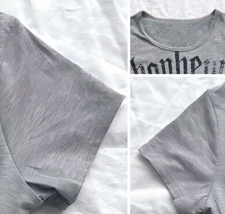 Gray Skull Letter Print Slim Tee Y2K Top