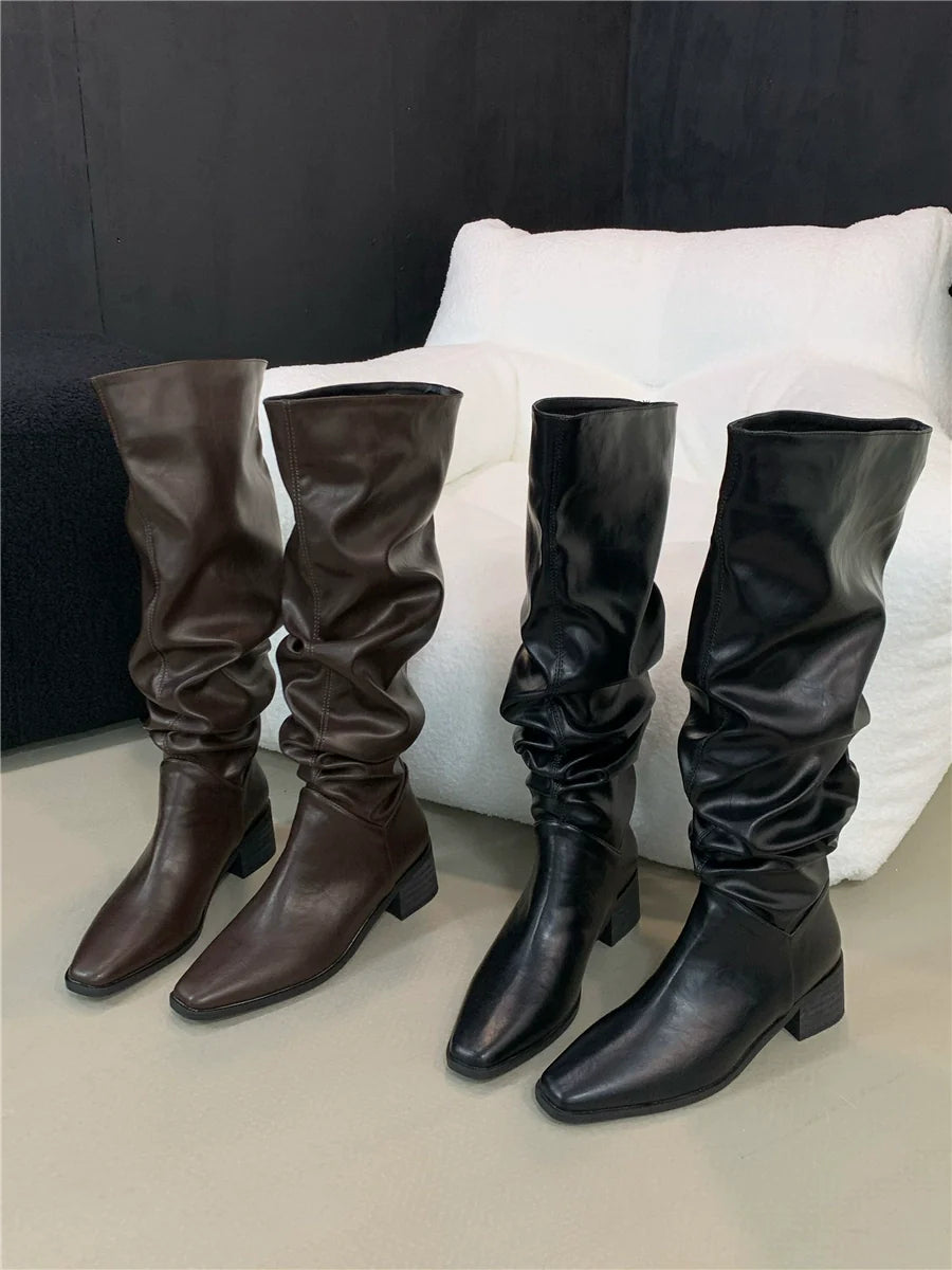 Slouchy Womens Boots Fall Winter New Over The Knee Knee High Petite Retro Brown Chunky Heel Fashion Boots