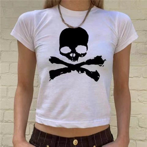 Black Gothic Vintage Skull Print Cropped Fitted Y2K T-Shirt