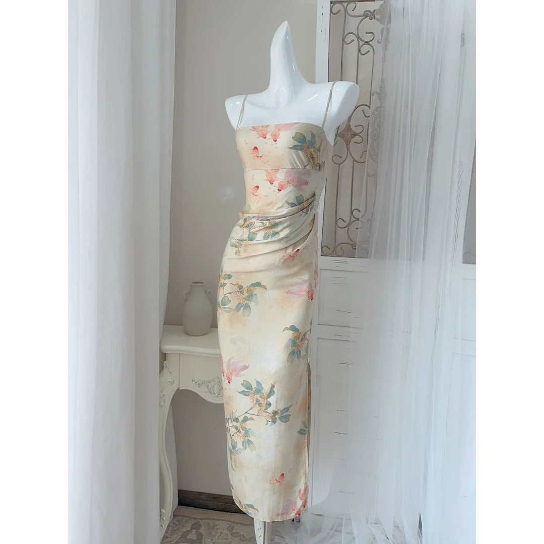 Ink Wave Chinese Spaghetti Strap Gown Dress – Artistic National Style Dress