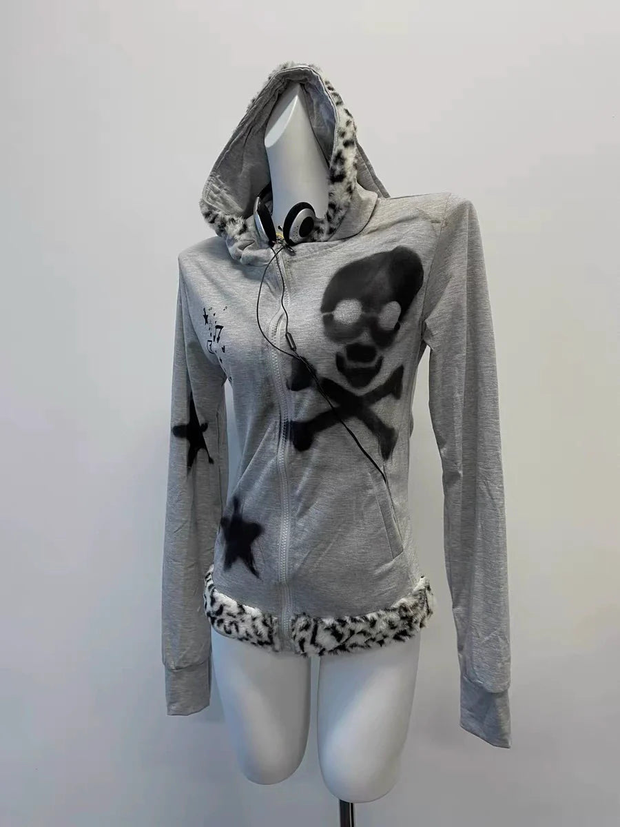 Gray Remake Hoodie Jacket Subculture Punk Y2K E-girl Bunny Ear Skull & Leopard Star Autumn/Winter Jacket