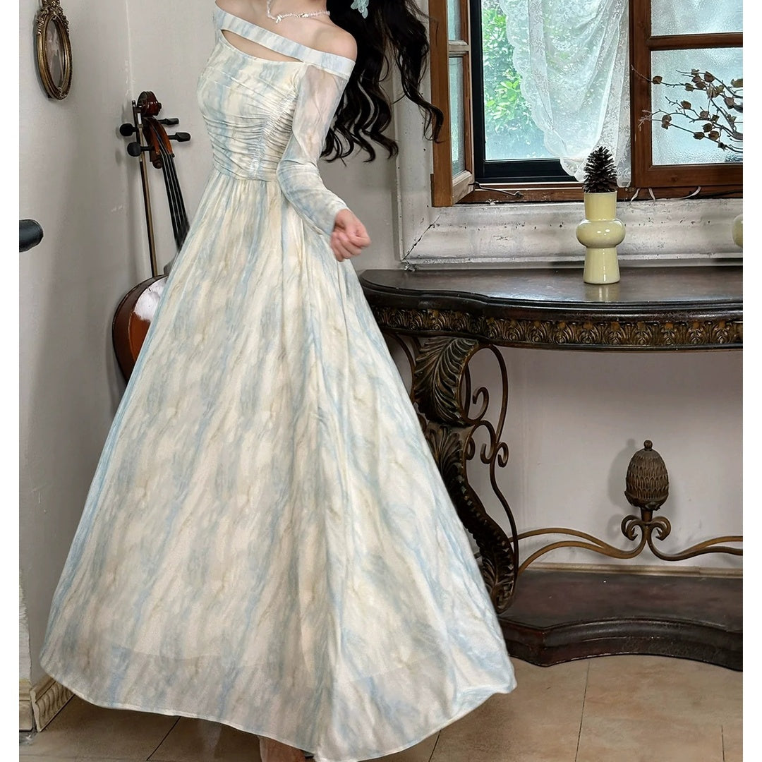 French Blue Printed One Shoulder Long Sleeve Gown Dress