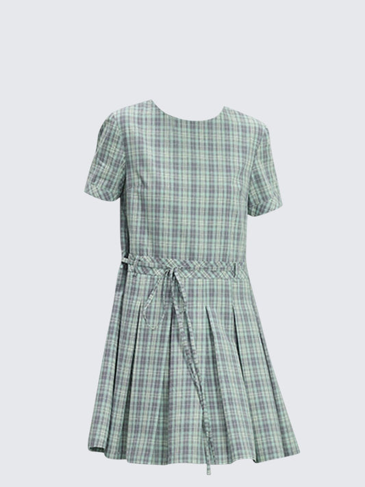 Green Plaid Short Sleeve Dress
