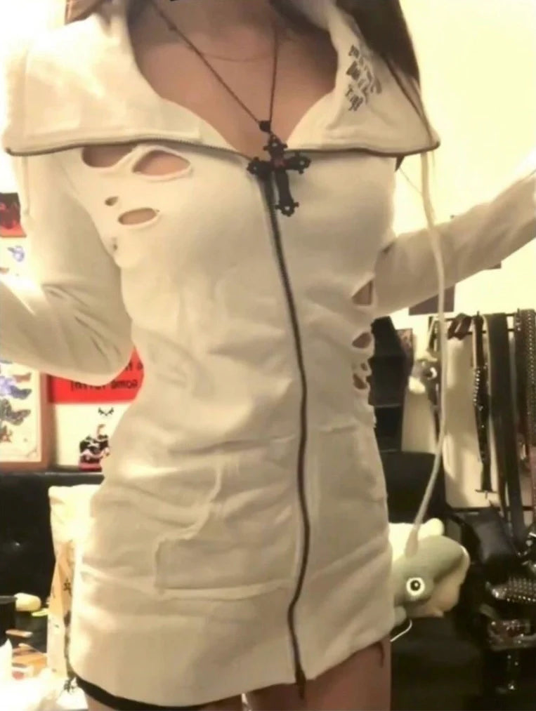 Distressed Zipper Hoodie Subculture Y2K Shibuya Girl Japanese Brand Retro Vintage Visual-Kei Slim Jacket