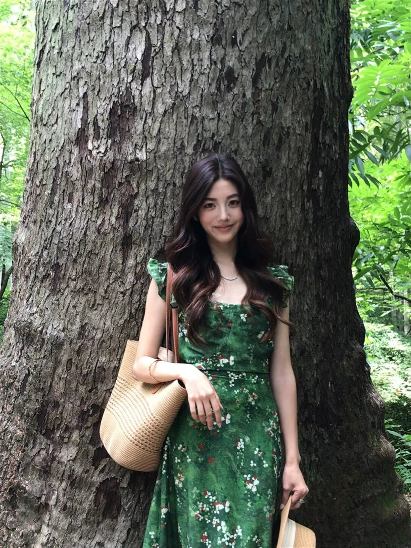 Reversible Forest Green Puff-Sleeve Maxi Dress