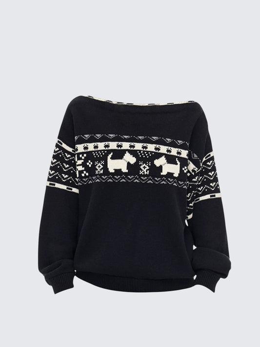 Fair Isle Off Shoulder Knit Sweater Women