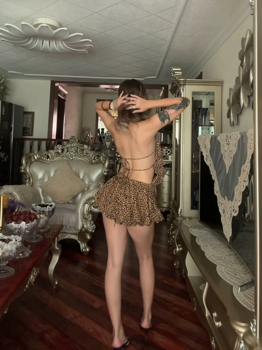 American Hot Girl Leopard Print Halter Backless Waist-Cinched Mini Dress