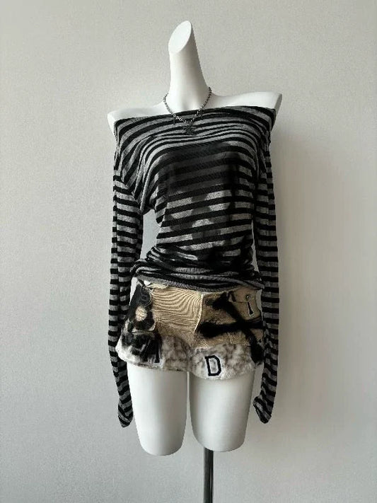 Black & Gray Subculture Punk Rock Gothic Y2K Shibuya Girl Striped Skull Slim Long Sleeve Top