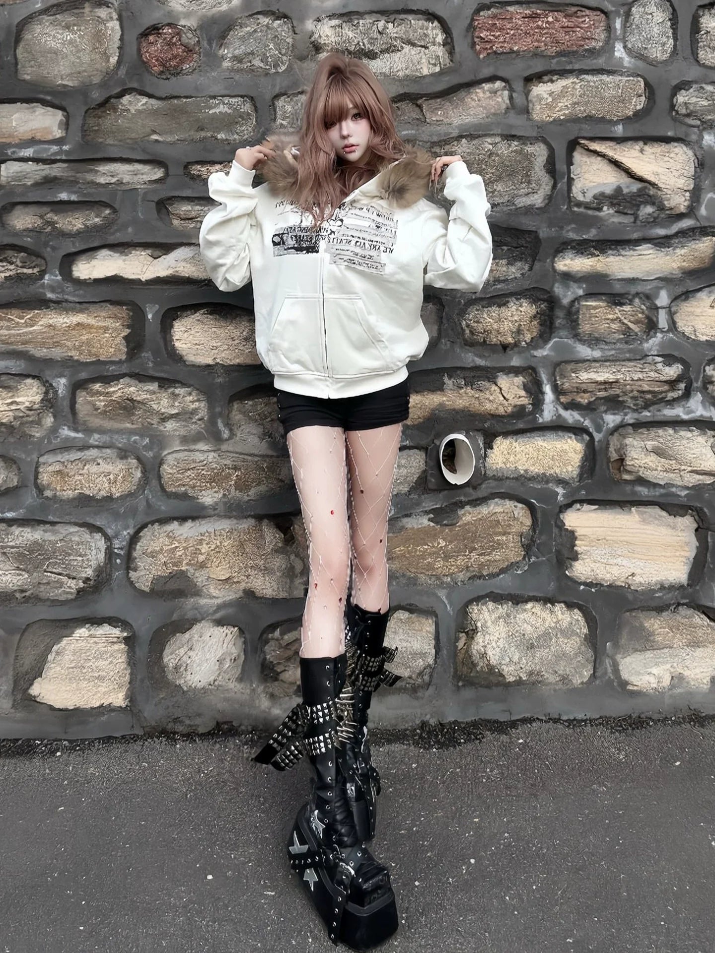 Y2K Floral Fur Collar Hoodie Zip-Up for Autumn Winter