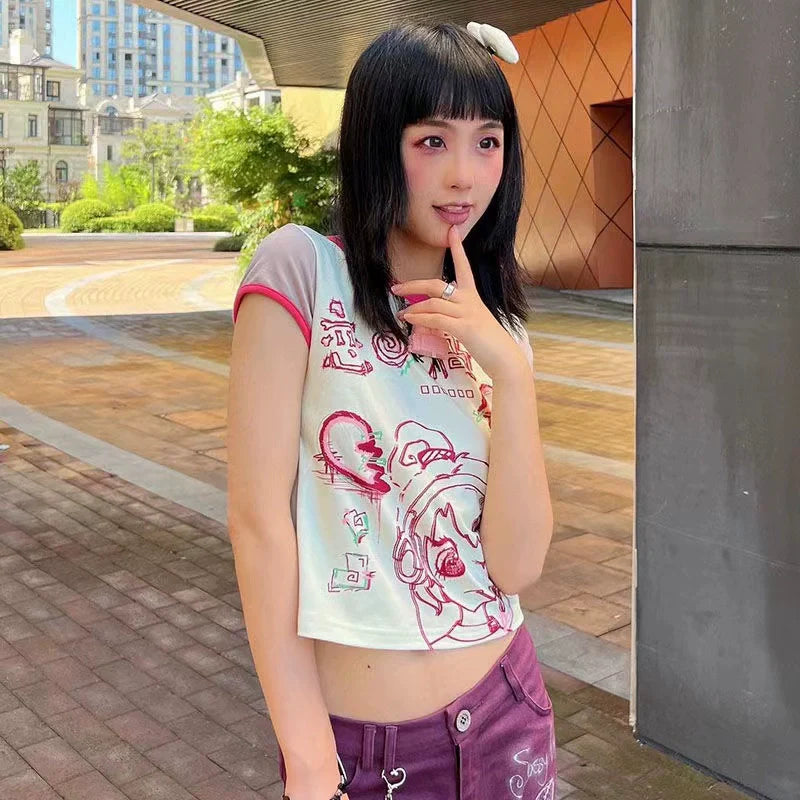 Tietie Girl (贴贴女孩) Subculture Y2K E-girl Retro Color-Block Cartoon Print Slim Short Top