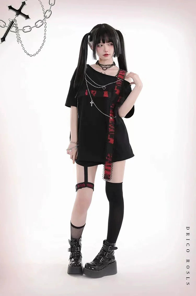 Black Subculture Punk Y2K E-girl Dark-Style Black & Red Cross Off-Shoulder Oversized Short Sleeve Top