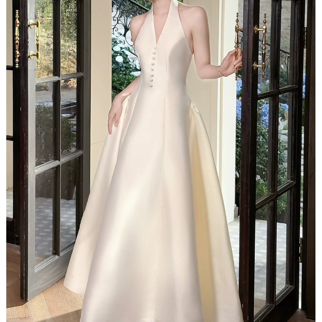 French Satin Halter Neck Waist Gown Dress