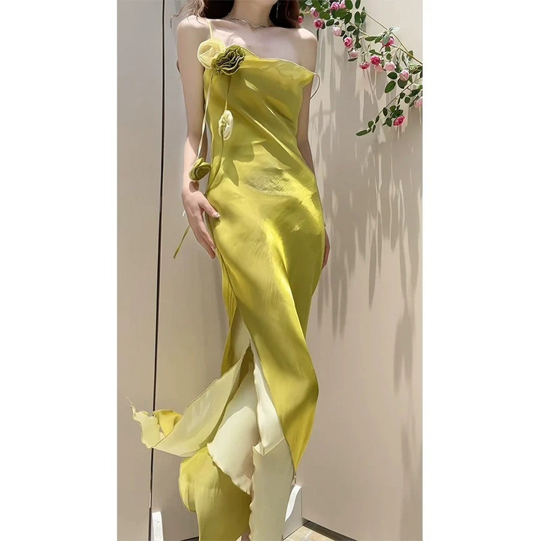 Elegant French Double Layer Draped Slit Spaghetti Strap Gown Dress