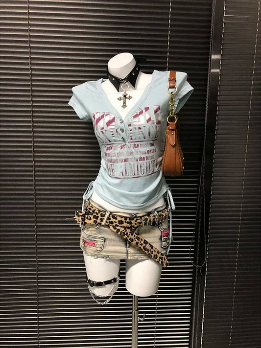 Blue Subculture Y2K E-girl Abi American Retro Drawstring Fake Two-Piece Vintage Short Sleeve Top