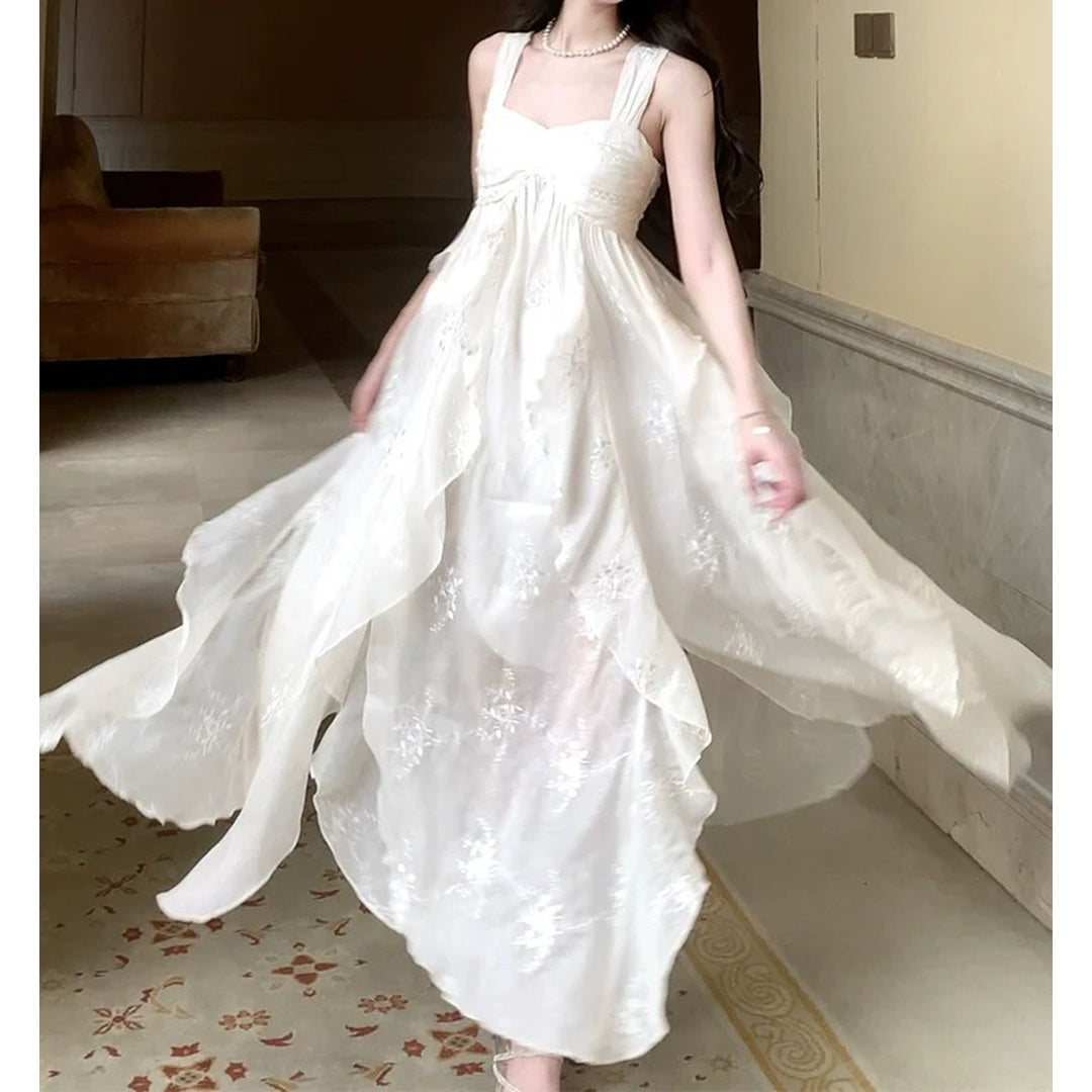French White Embroidered Spaghetti Gown Dress