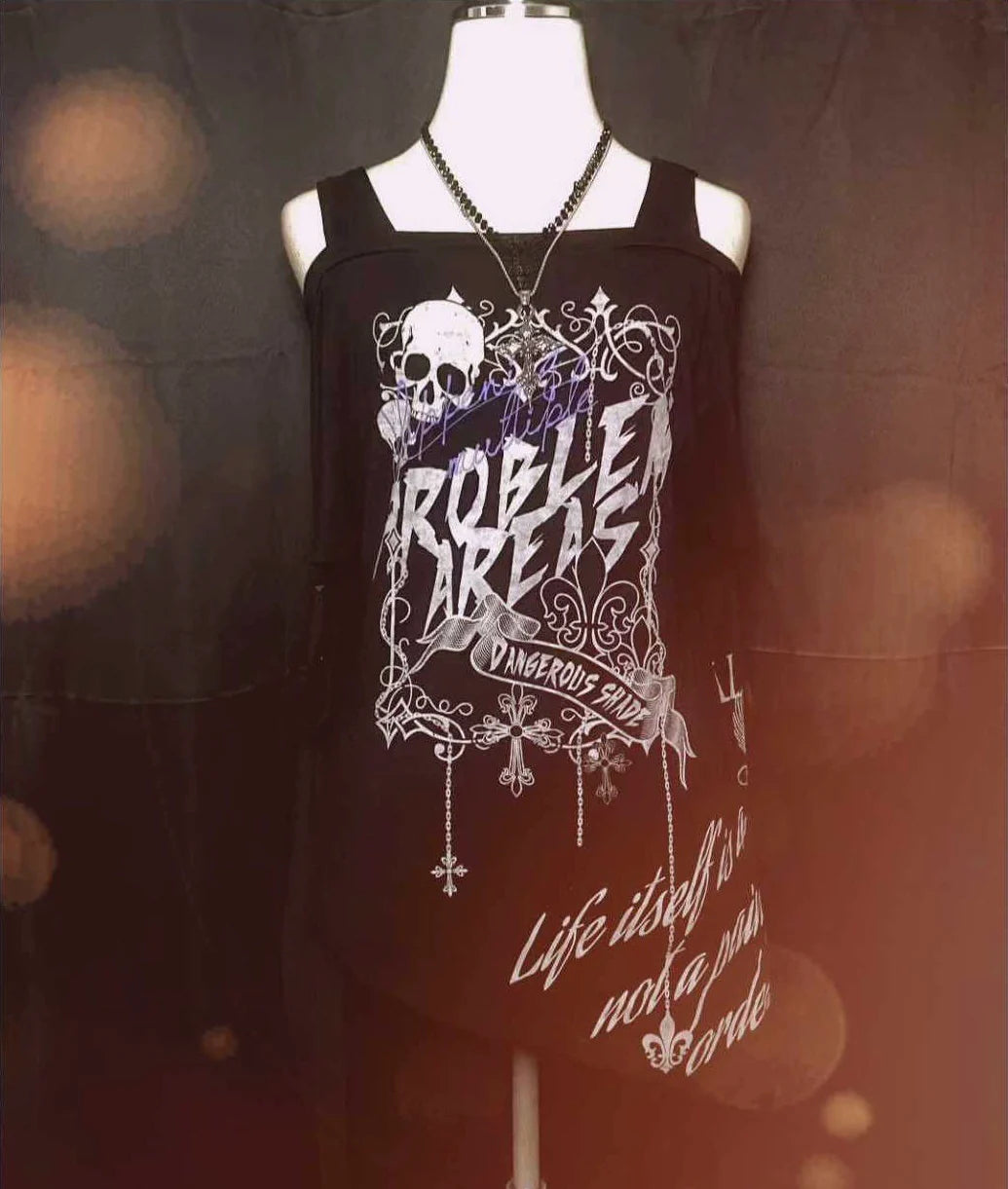 Black Gothic Skull Print Cropped Sleeve Y2K T-Shirt