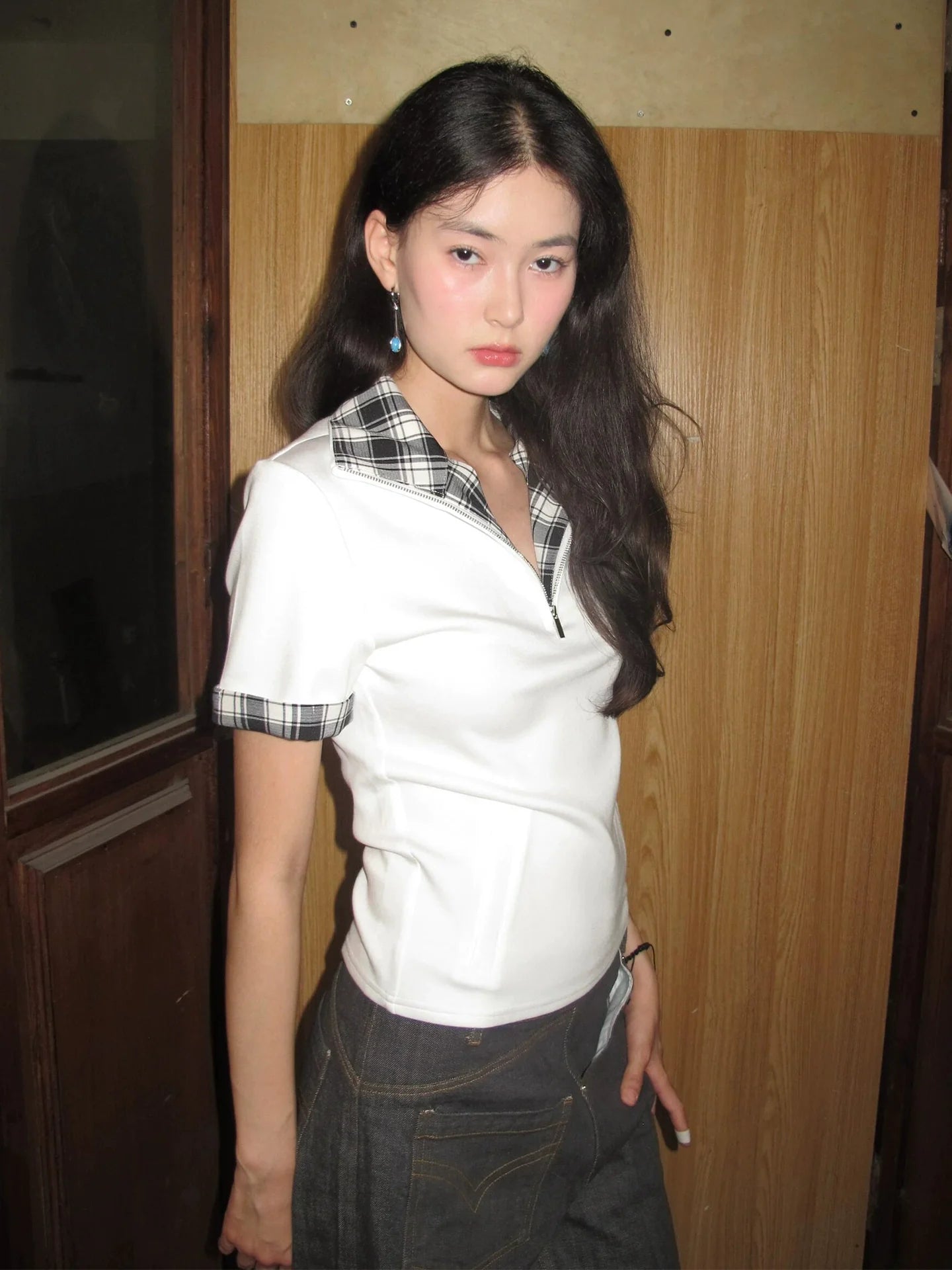 American White Stand Collar Polo Tee Summer Checkered Patchwork Short Sleeve Top