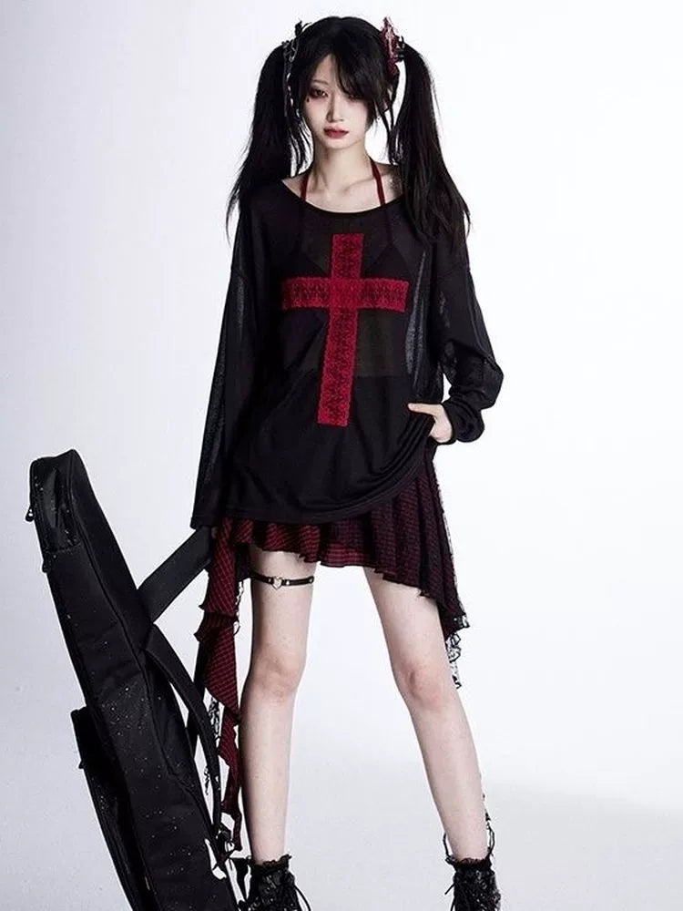 Black Cross Sunscreen Subculture Y2K E-girl Abi American Retro Off-Shoulder Sheer Cover-Up Long Sleeve Top