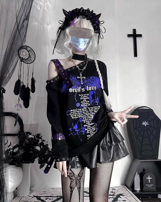 Black Demon Love Cross-Chain Off-Shoulder Hoodie Y2K Hoodie